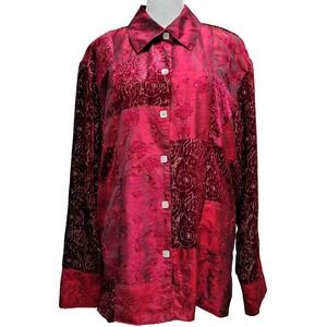 Coldwater Creek Women's Button Up Top Large Red Silk Blend Patchwork Beaded